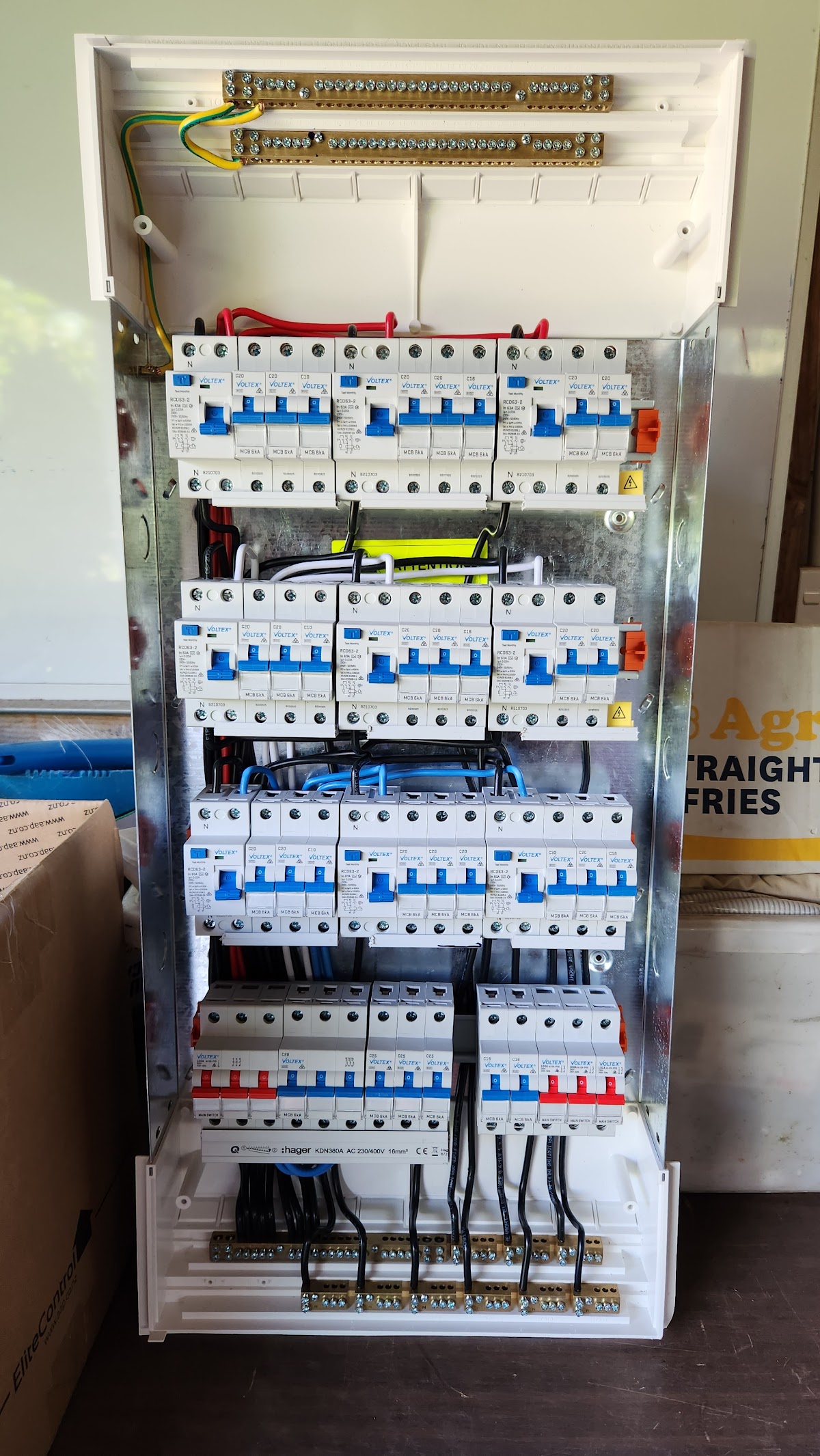 Fully wired residential switchboard with RCDs and a main switch